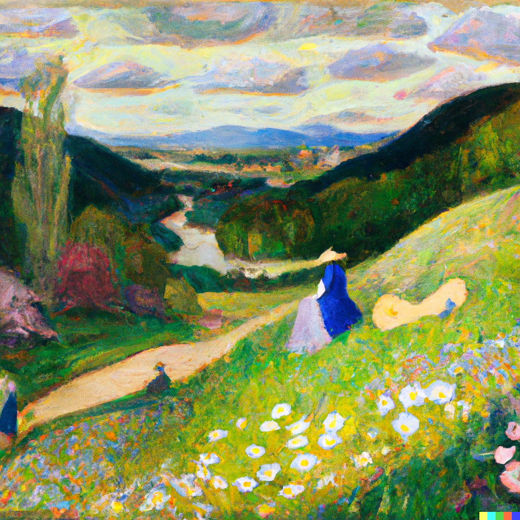flowers on a hill side - impressionist painting