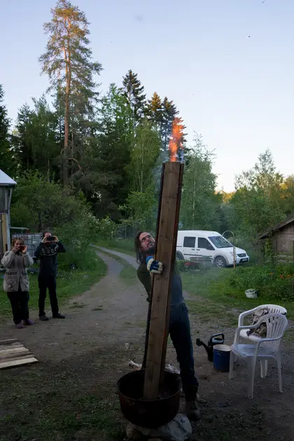 Alexis firing up the chimney