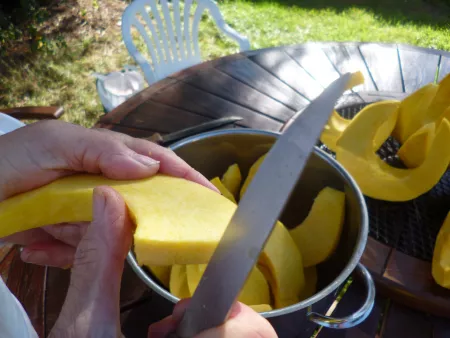 Cutting pumpkin to cubes Cutting pumpkin to cubes