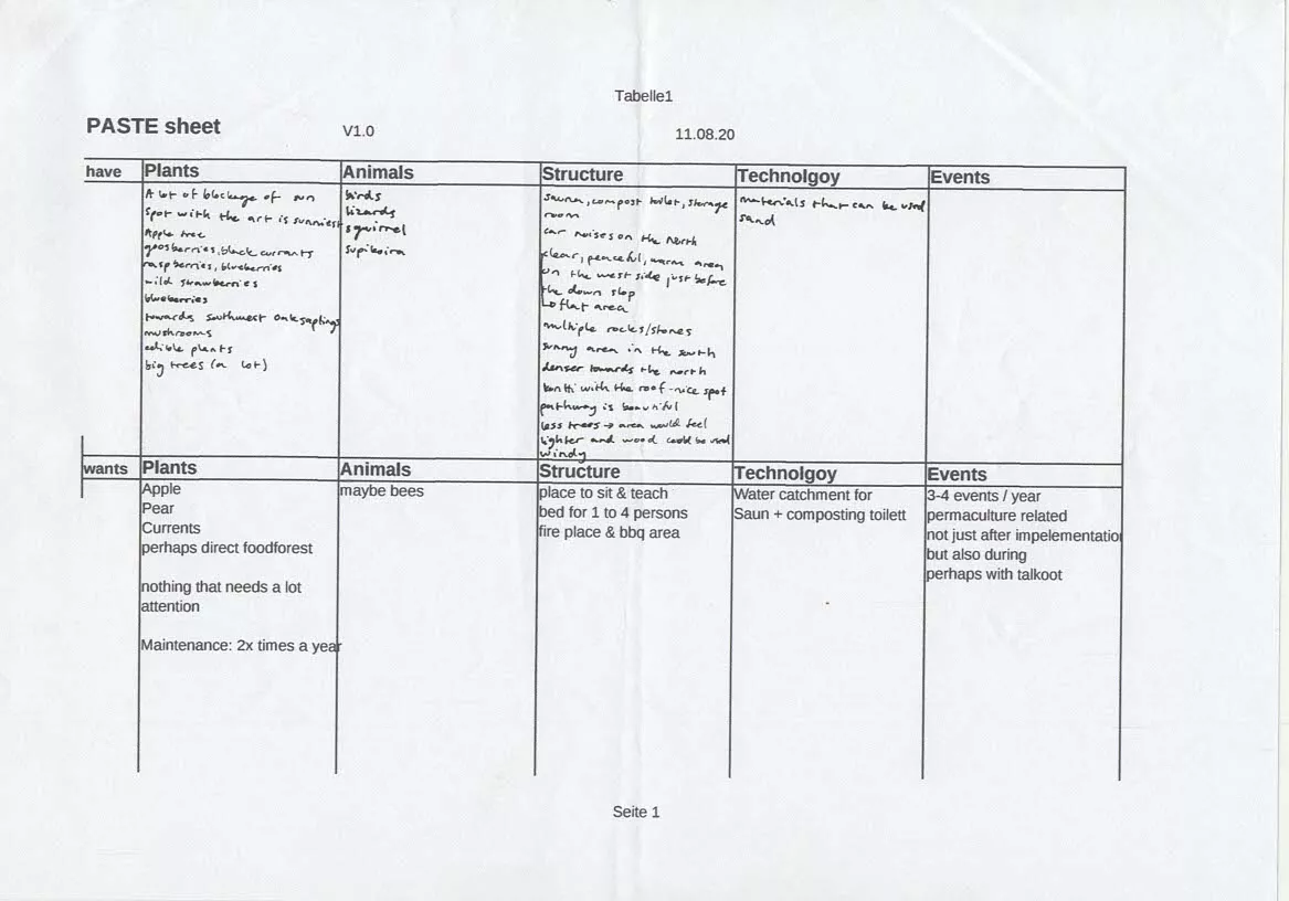 PASTE Sheet - filled in by the client and the participants