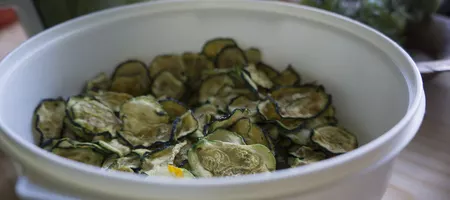 Delicious Zucchini Chips in a white bowl